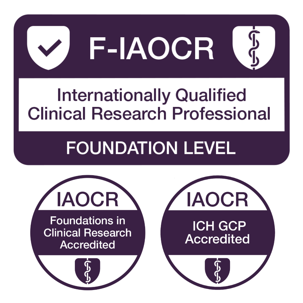 F-IAOCR certification badge for internationally qualified clinical research professional on a white background