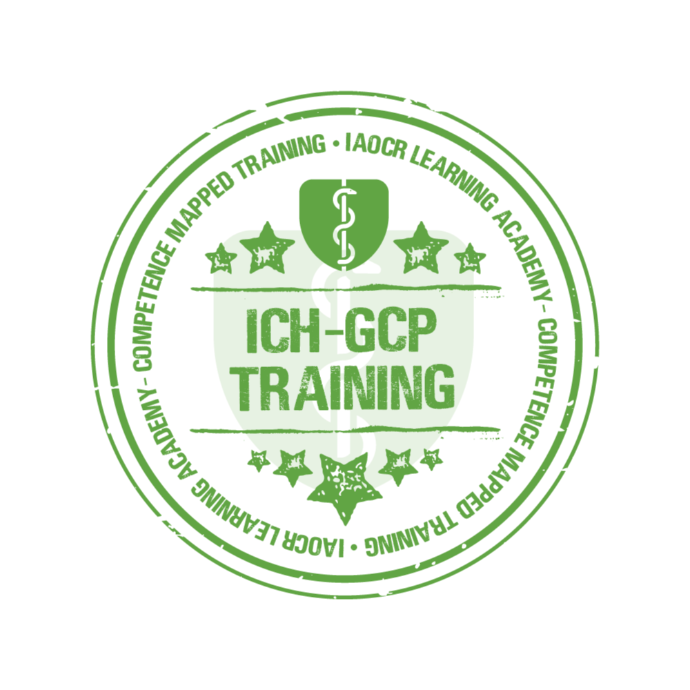 Green ICH-GCP Training logo with stars and text on a white background