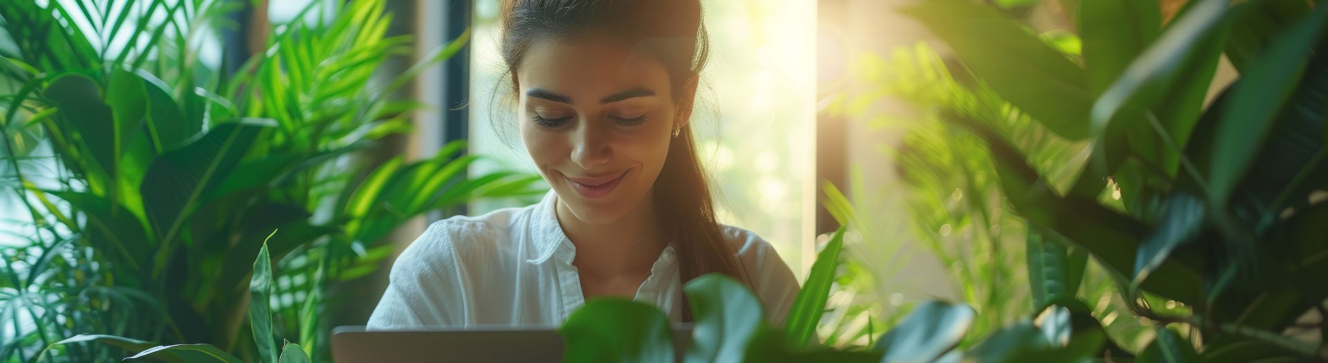 Woman using a tablet surrounded by green plants with sunlight filtering through.