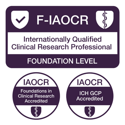 F-IAOCR certification badge for internationally qualified clinical research professional on a white background