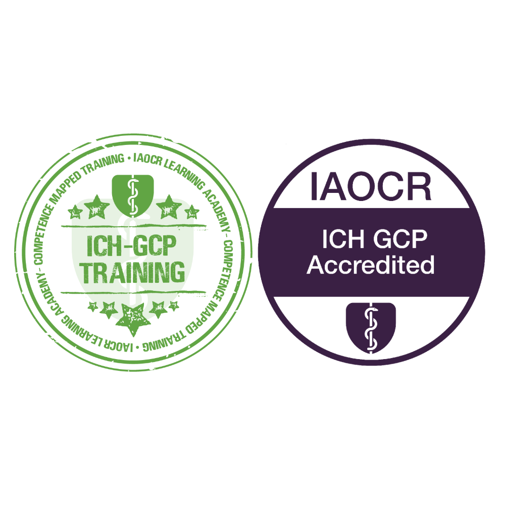 Two certification logos for ICH-GCP training and accreditation on a white background.