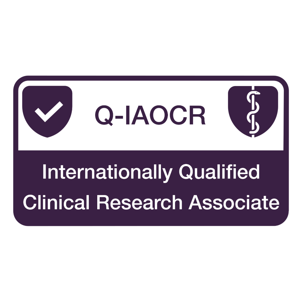 Q-IAOCR internationally qualified clinical research associate certification badge on a white background