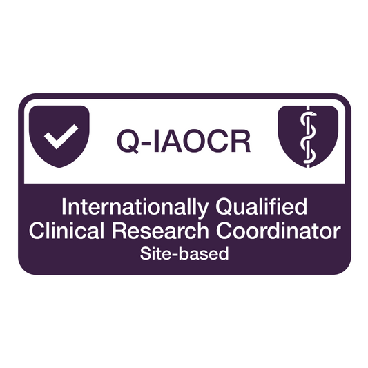 Q-IAOCR internationally qualified clinical research coordinator badge on a white background