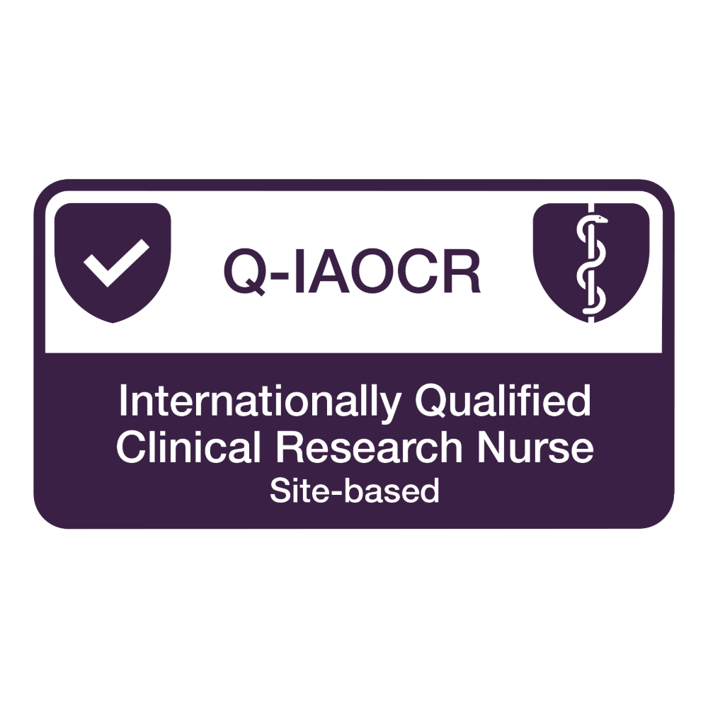 Q-IAOCR internationally qualified clinical research nurse badge on a white background