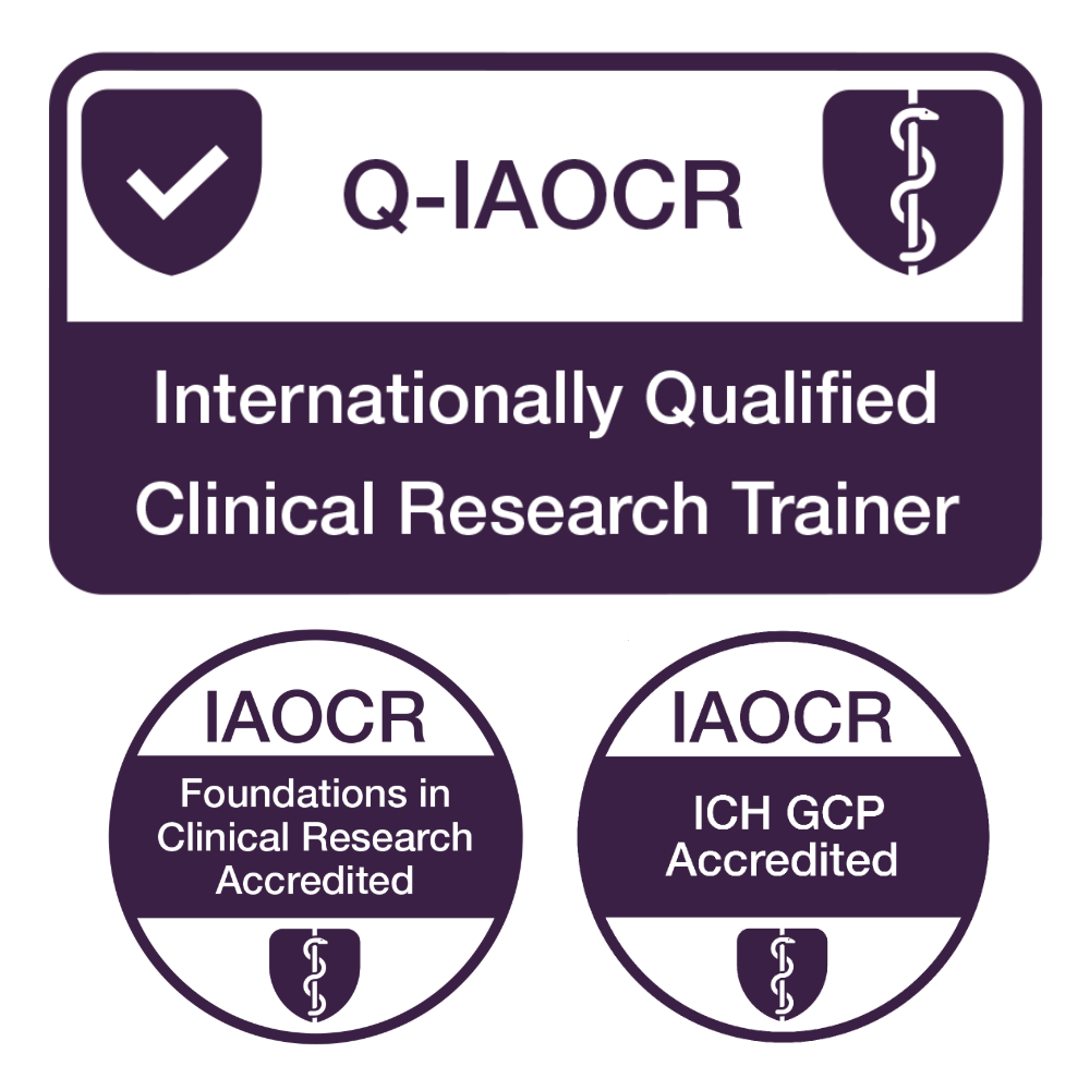Q-IAOCR certification badge for internationally qualified clinical research trainer with accredited badges below.