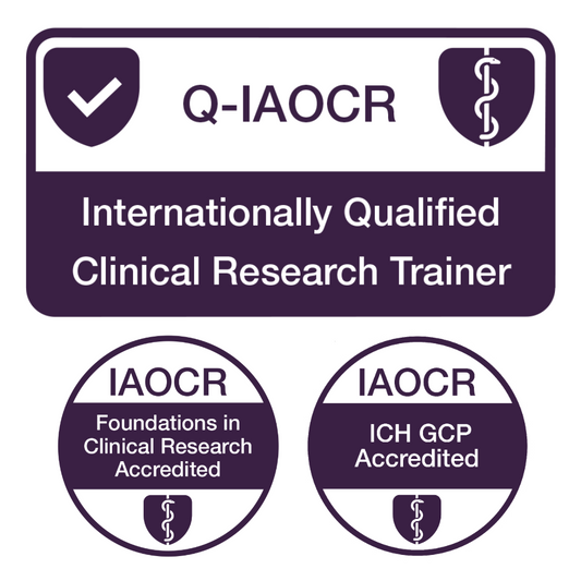 Q-IAOCR certification badge for internationally qualified clinical research trainer with accredited badges below.