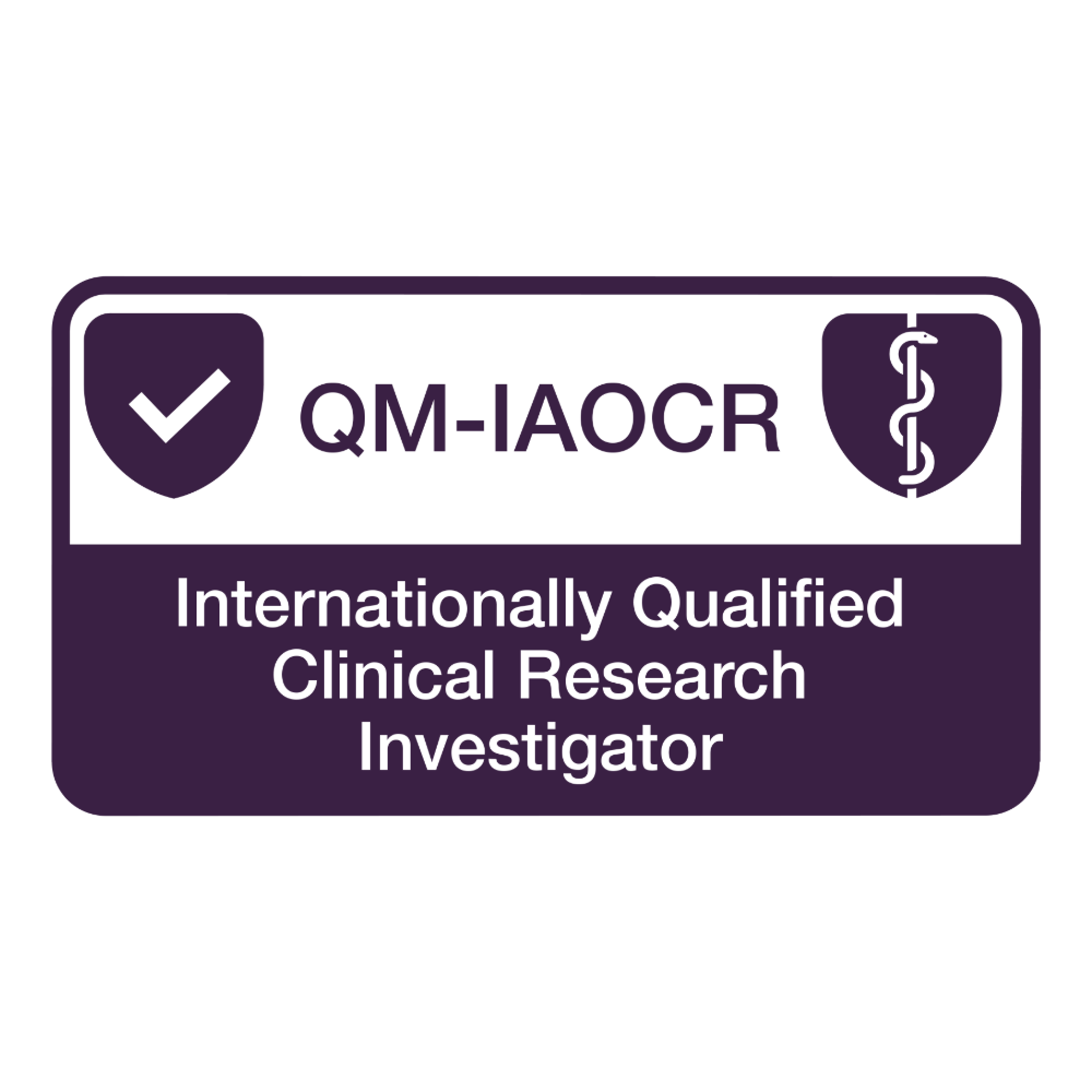 QM-IAOCR internationally qualified clinical research investigator badge on a white background