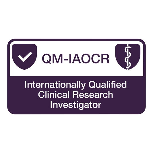 QM-IAOCR internationally qualified clinical research investigator badge on a white background