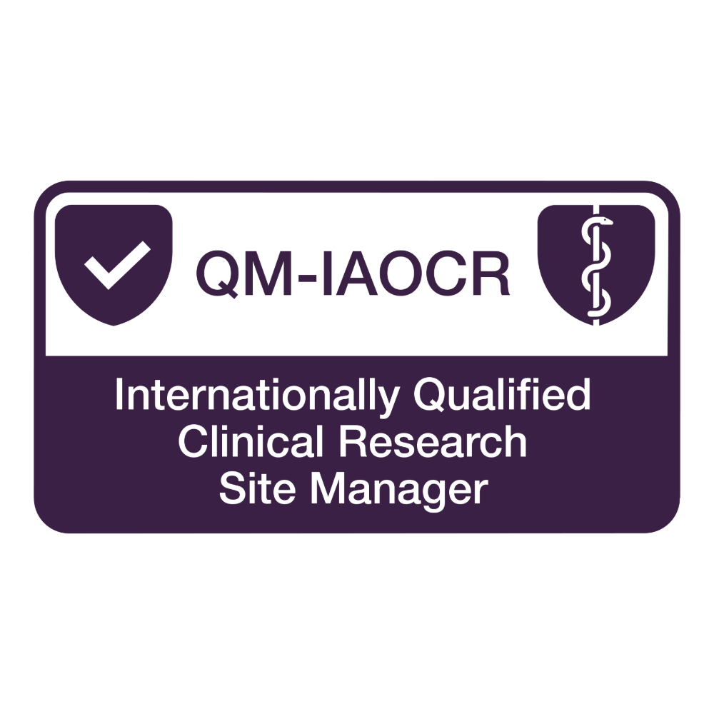 QM-IAOCR internationally qualified clinical research site manager certification badge on a white background