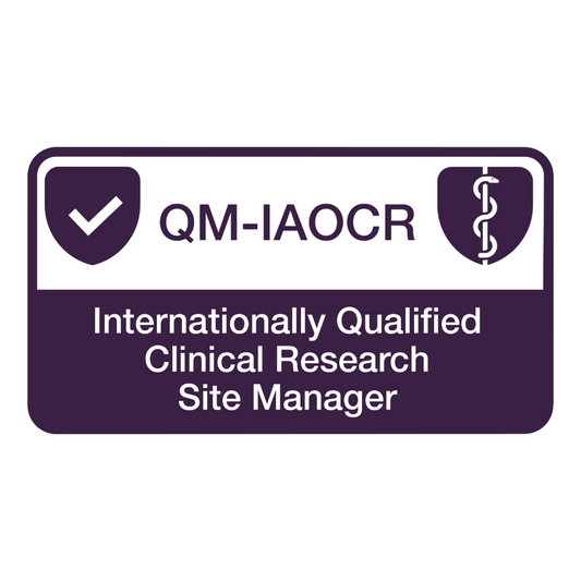 QM-IAOCR internationally qualified clinical research site manager certification badge on a white background