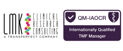 Logo of LMK Clinical Research Consulting with a QM-IAOCR certification badge.